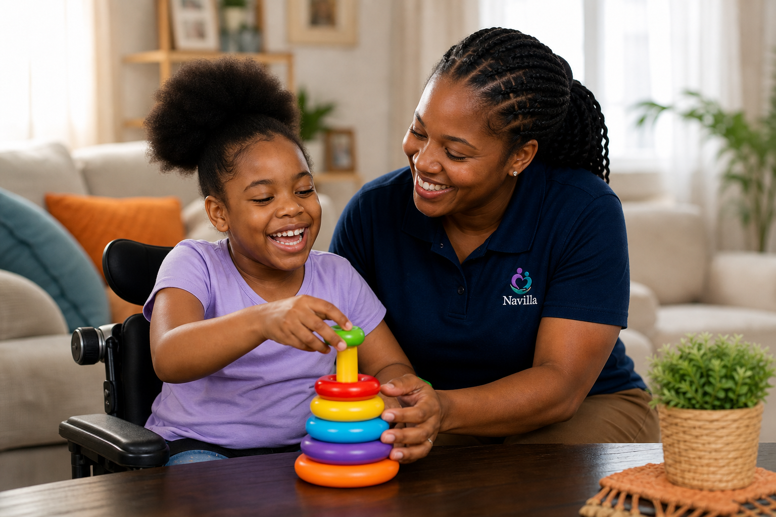 Care assistant supporting a child during play at home