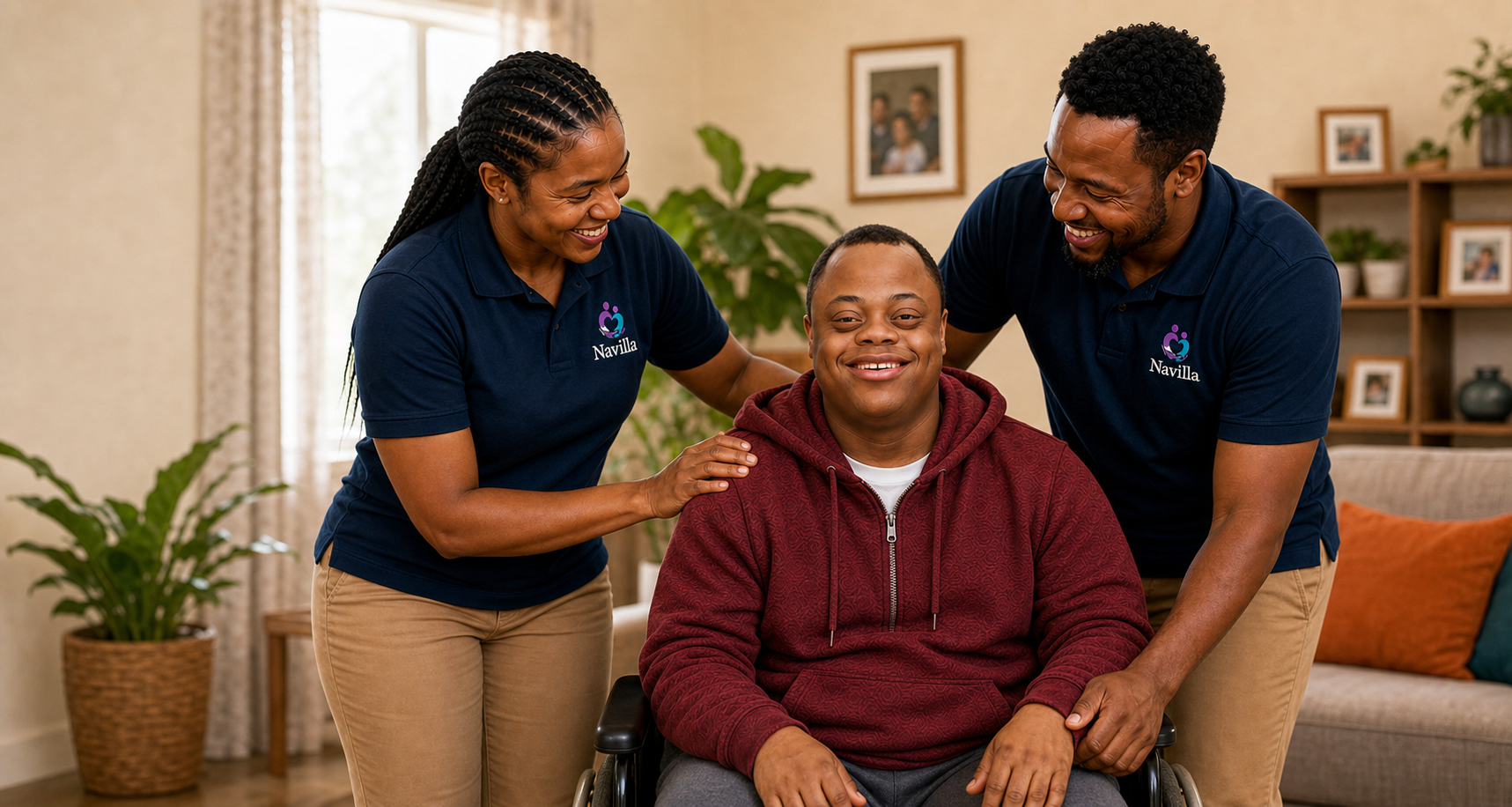 Personal care assistants supporting a smiling client at home